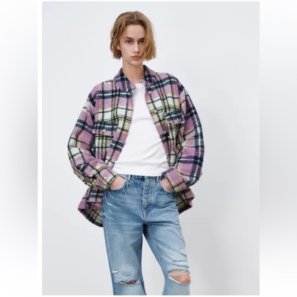 ZARA WOMAN WOOL BLEND CHECK LILAC OVERSHIRT PLAID.Medium size Oversized like XL - Picture 4 of 13